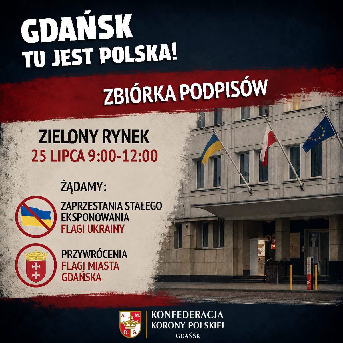 Izabela_Blazko's tweet photo. Jako Polka🇵🇱 nie wyrażam zgody, aby na Urzędzie Miasta polskiego miasta Gdańsk nadal była wywieszona flaga obcego banderowskiego narodu❗️DOSĆ❗️TU JEST POLSKA❗️🇵🇱 #Polska #flaga https://t.co/2QYyydTwDc