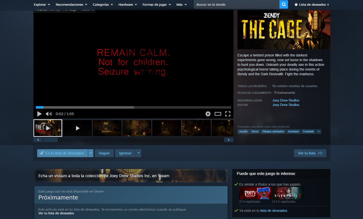 FotocCipher's tweet photo. En la página de Steam de Bendy: The Cage se ha cambiado su fecha de lanzamiento, de 2026 a Próximamente.

Parece que no están seguros de tenerlo listo para este año, así que nos tocara esperar hasta el 2027.

Página: https://t.co/k2XgSFbAPe https://t.co/vRyr37P6lD