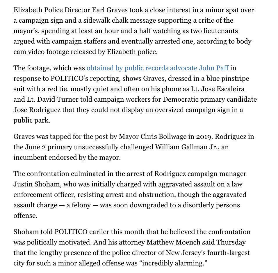 MattFriedmanNJ's tweet photo. Gotta hand it to the Elizabeth PD. It may be NJ's 4th largest city, but they offer a personal touch. The city's police director somehow found an hour and a half to watch two lieutenants deal with a minor dispute about a campaign sign of one of the mayor's critics. That's service. https://t.co/PnmhqXbozw