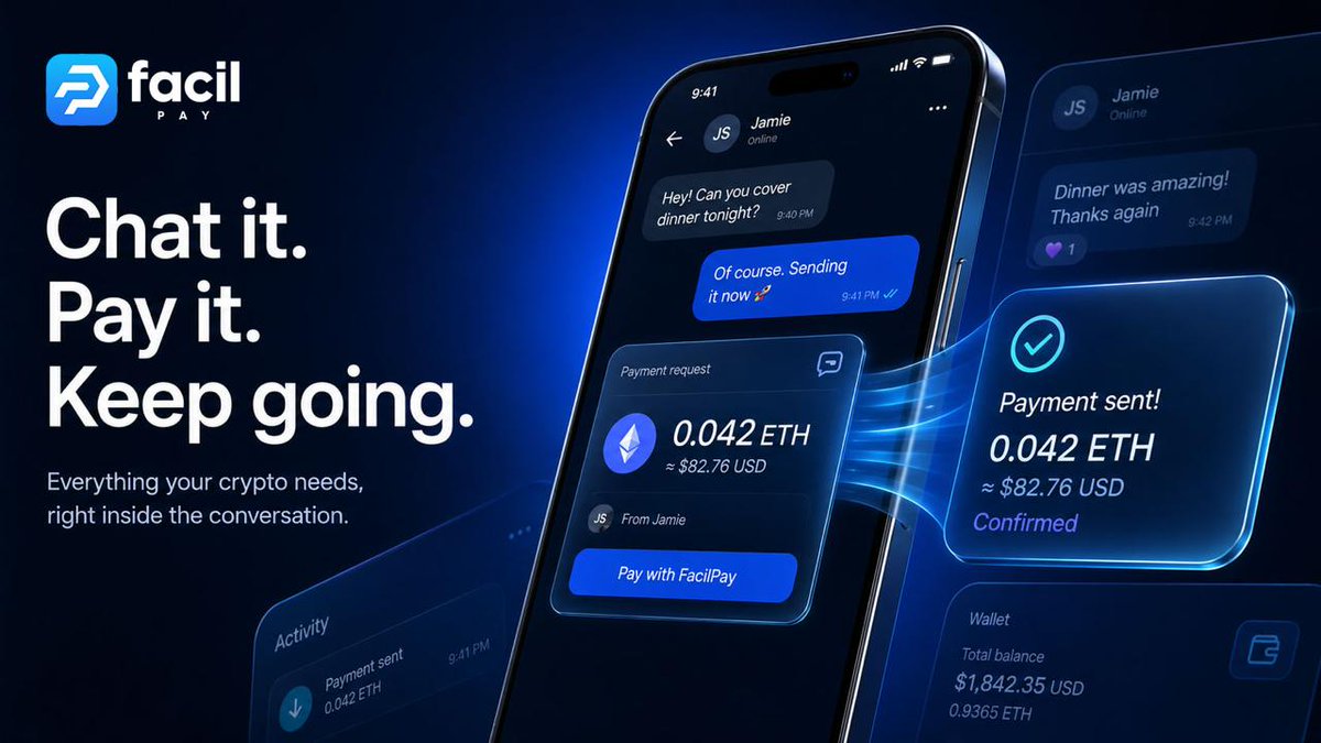 facil_pay's tweet photo. Payments belong in the conversation.

That's why we built Chat-to-Pay. https://t.co/oznMqUMykk