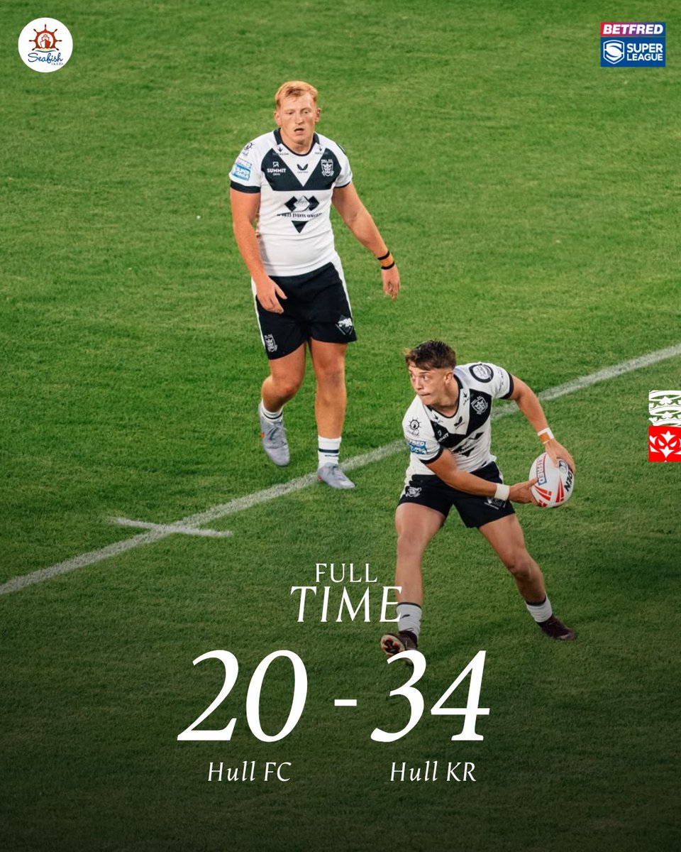 hullfcofficial's tweet photo. ⏱️ 𝗙𝗨𝗟𝗟-𝗧𝗜𝗠𝗘: Hull FC 20-34 Hull KR

⚫️⚪️ #COYH | @Seafishukltd https://t.co/OGdLd61vkt