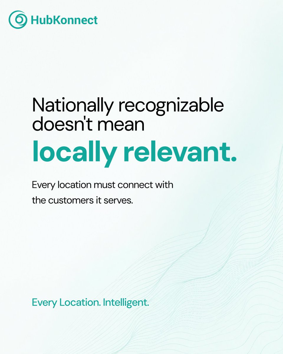 hubkonnect's tweet photo. National recognition does not guarantee local relevance.

Hyperlocal Intelligence shapes each location’s plan around the customers and competitive pressures surrounding it, while preserving the larger brand.

Every Location. Intelligent.

#HyperlocalIntelligence #MultiLocation https://t.co/bHAIZBJm39
