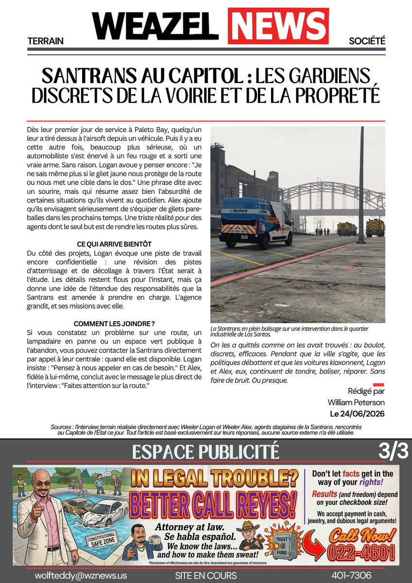 WZN_SA's tweet photo. SANTRANS AU CAPITOL : LES GARDIENS DISCRETS DE LA VOIRIE ET DE LA PROPRETE

#WeazelNews #Santrans #SanAndreas #Capitol #ServicePublic #Voirie #EspacesVerts #Terrain #Reportage #LosSantos | #GTA5RP #SADOJRP https://t.co/uisoZoa5uP