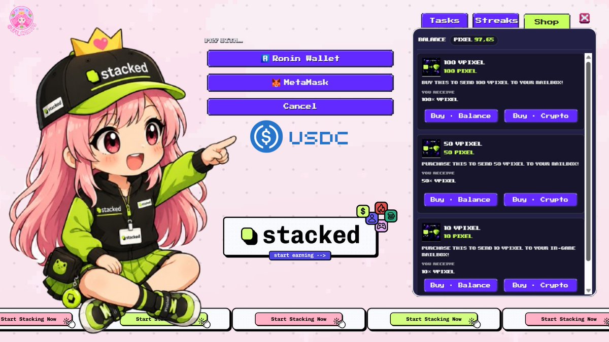 Efe_Calyps's tweet photo. 🚨 New Pixels Update! ✨

The Stacked Tasks tab now includes a new Shop section where you can buy VPIXEL directly inside @pixels_online without needing to open the Stacked platform.

You can purchase 10, 50, or 100 VPIXEL using two payment methods:

  • 💰 Buy Balance: Pay with the balance you already have in Stacked. You can also see your available Stacked balance directly in the Shop tab.

  • 💳 Buy Crypto: Pay with USDC through Ronin Wallet or MetaMask.

Once the transaction is completed, the VPIXEL is sent directly to your in-game mailbox. 💌

Being able to check your balance and complete the entire transaction without leaving Pixels is an awesome improvement! 🔥

•❀»»-----------------¤-----------------«
#pixels_online #PixelsCreator @stacked_app