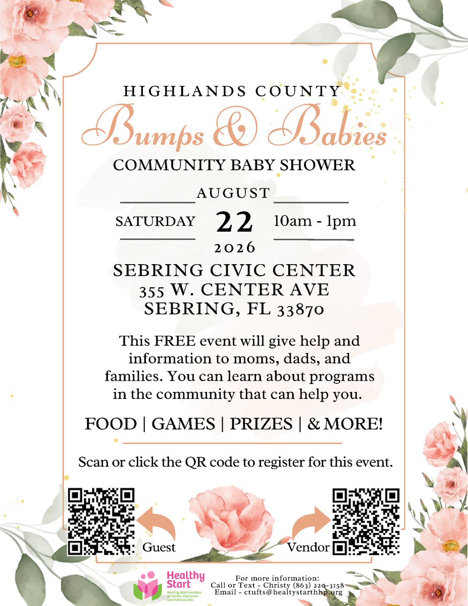 HFCFL's tweet photo. 💙 Expecting parents and families: Join Healthy Start's Bumps &amp; Babies Community Baby Shower! Learn about local resources while enjoying food, games, prizes, and more.

📅 Aug. 22, 2026 📍 Sebring Civic Center

See flyer for registration details. https://t.co/NhfOwYruCk