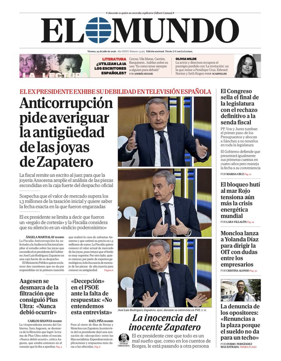 elmundoes's tweet photo. 📰 Portada de EL MUNDO del 24 de julio 

Ya disponible en Orbyt y en la edición digital con la mejor información https://t.co/x3fpClsc8j