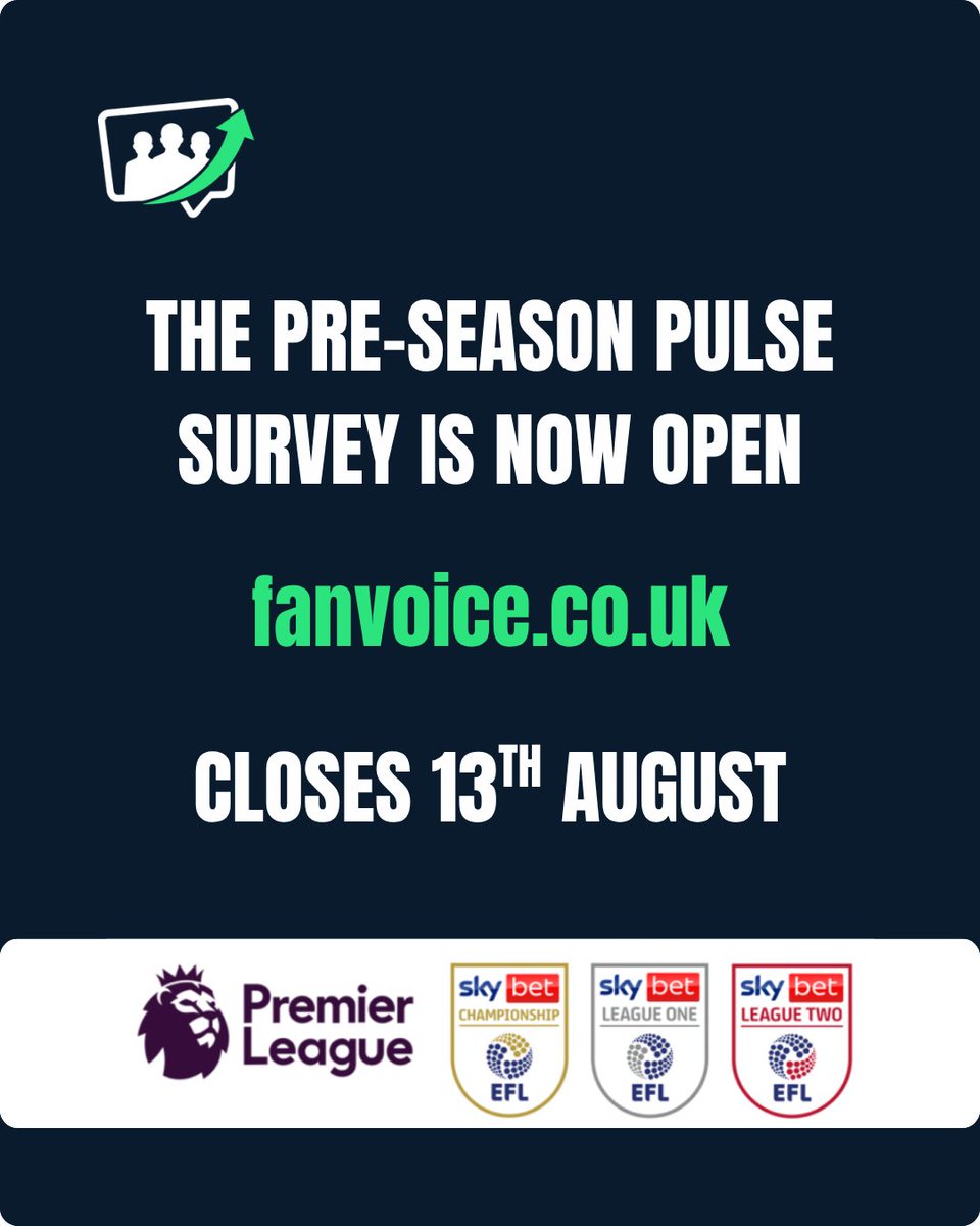 _Fan_Voice's tweet photo. Your Voice. Your Club. Your Chance.

The pre-season pulse survey is open until 13th August. Let your club know how you feel about the new season.

https://t.co/ZGhi8KVH2c

#FanVoice #PremierLeague #EFL #Football #FootballFans #HaveYourSay https://t.co/f43piS7ofZ