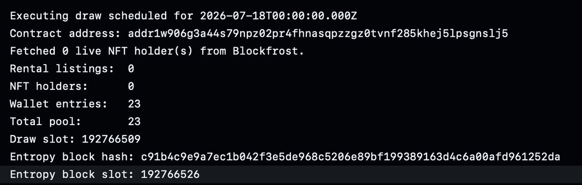 Donada_nft's tweet photo. Sorry all, super late post but script executed as planned!

Congrats addr1w906g3a44s79npz02pr4fhnasqpzzgz0tvnf285khej5lpsgnslj5!!! https://t.co/kPErX8ZBGi