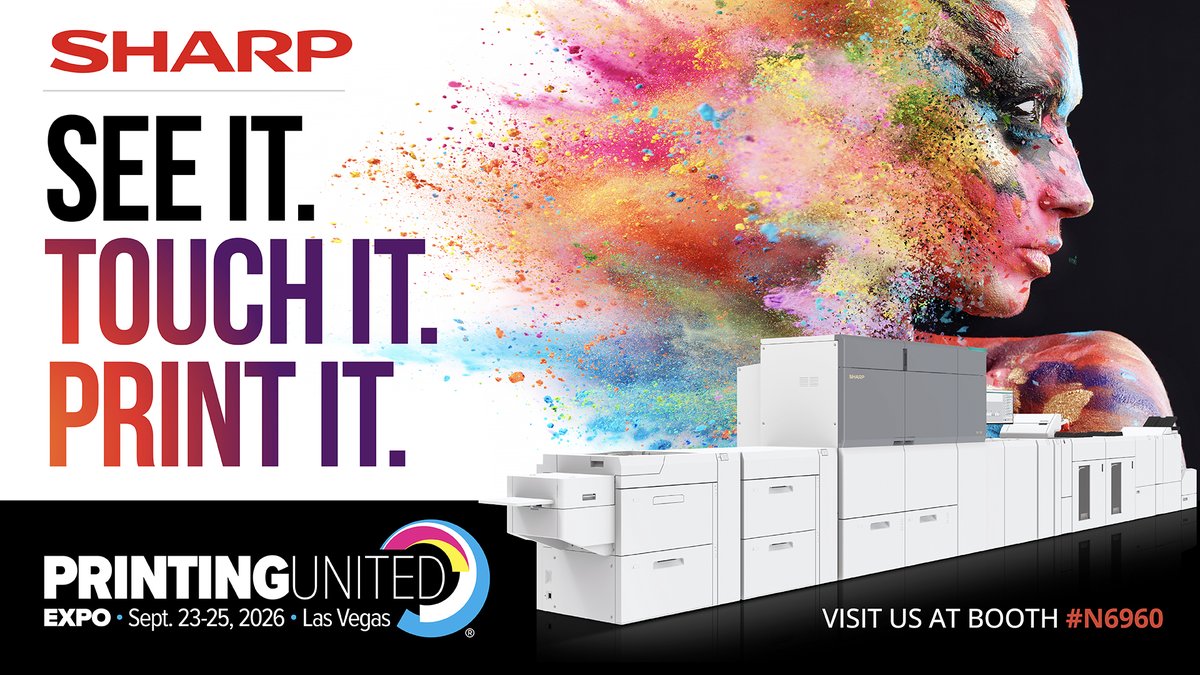 SharpBusinessUS's tweet photo. Ready to see what's next in production print?

At #PRINTINGUnited 2026, Sharp will showcase its most expansive production print portfolio ever, including a first look at 2 new color production print models.

📍 Booth N6960 📅 Sept. 23-25, Las Vegas

🔗 https://t.co/6Bg1YGU8Q5 https://t.co/W5KqWuy6Li