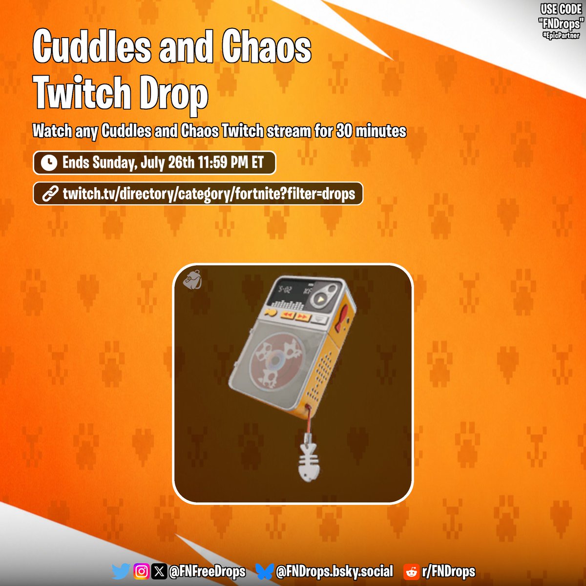 FNFreeDrops's tweet photo. Watch any Cuddles and Chaos Twitch stream for 30 minutes

🏆Reward
• KATS Turntable Back Bling

⌛️Ends Sunday, July 26th 11:59 PM ET

#Fortnite https://t.co/7Ieb0aS99x
