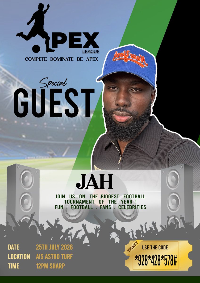 Theleo_ailin's tweet photo. MORE SPECIAL GUESTS UNVEILED! 🚨

The APEX LEAGUE experience just keeps getting bigger! 🔥⚽

We’re excited to announce @ElijahOtoo8, @KobbyBrown99 and @BIGDYKE_001 our newest Special Guests for the biggest football tournament of the year! 🙌🏾🎉

Get ready for an action-packed day of football, entertainment, celebrity appearances, and unforgettable moments with your favorite personalities.

📅 Saturday, 25th July 2026
📍 AIS Astro Turf
🕛 12:00 PM Sharp

Don’t just hear about it—be there!

🎟️ Secure your ticket now by dialing:
📲 928*428*578#

Compete. Dominate. Be Apex. 💚⚽