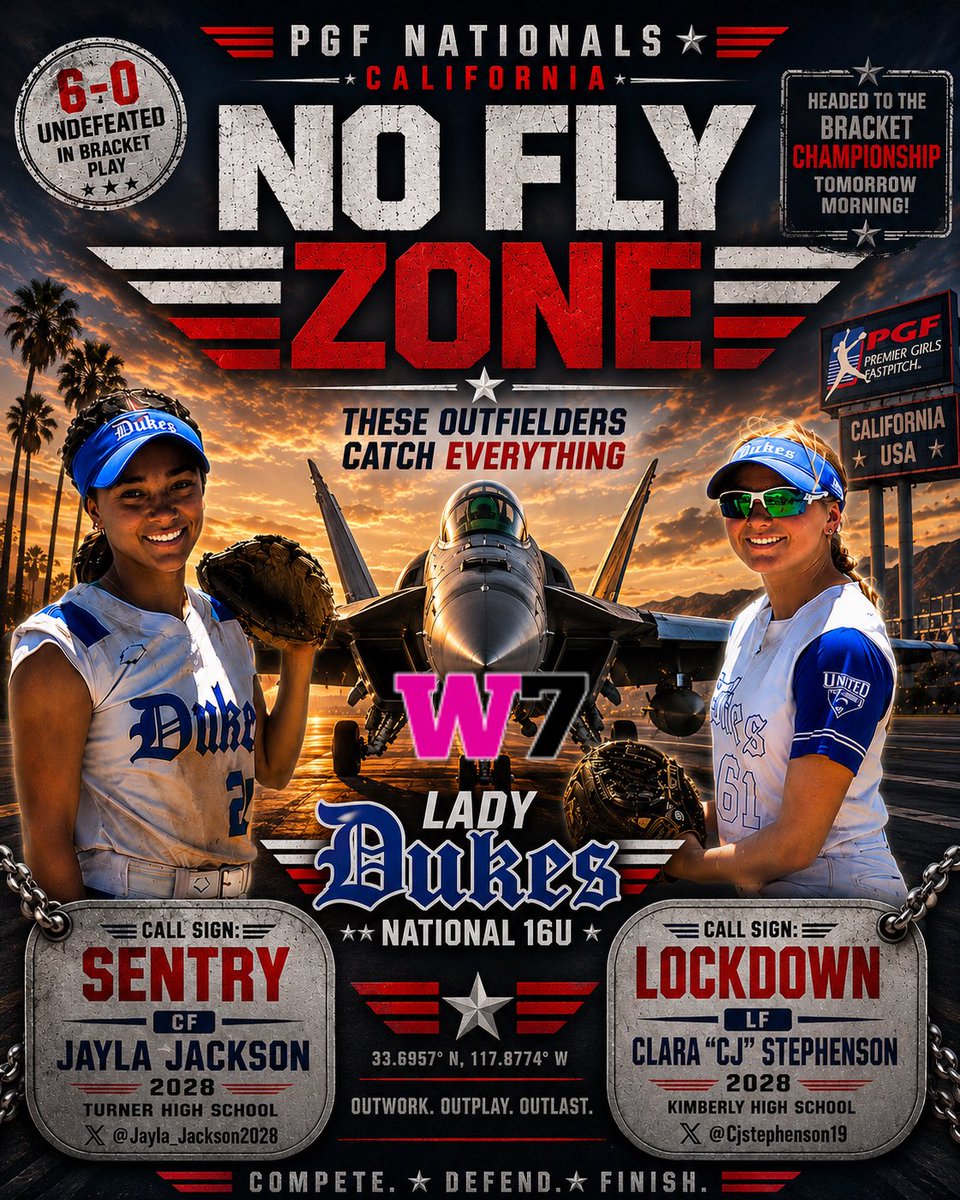 ProductionsW7's tweet photo. 🚫✈️ NO FLY ZONE ACTIVATED!

Wisconsin standouts Jayla “Sentry” Jackson and Clara “CJ” “Lockdown” Stephenson are holding down the outfield for Lady Dukes National 16U at PGF Nationals in California!

The Lady Dukes are 6-0 and undefeated in bracket play as they head into the bracket championship game tomorrow morning.

CF Jayla Jackson | Turner | 2028
LF Clara Stephenson | Kimberly | 2028

On one of the biggest stages in the country, these two are making sure nothing gets through.

Compete. Defend. Finish. 🥎🔥

@Jayla_Jackson2028
@Cjstephenson19