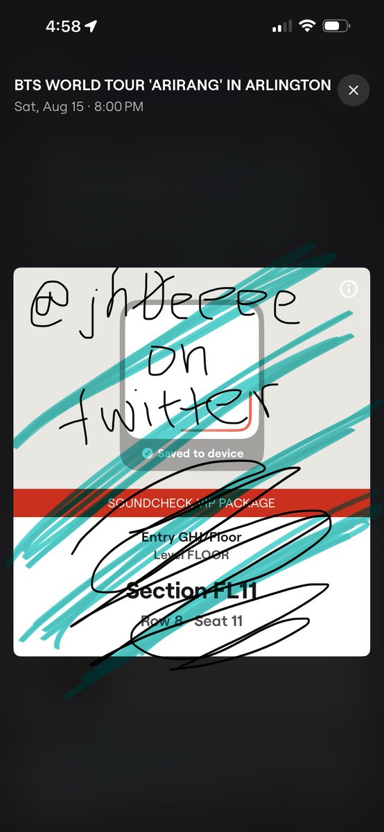 jh0eeee's tweet photo. WTT 1 bts floor seat for Arlington day 1 08/15. 1 have one floor seat for Arlington and I need four seats together. If there's a price difference I will cover that. We can FaceTime to sell and l'Il be there so you'll get the SC benefit (Posted on threads too) #BTS_ARIRANG #bts https://t.co/kvdxpdujTn