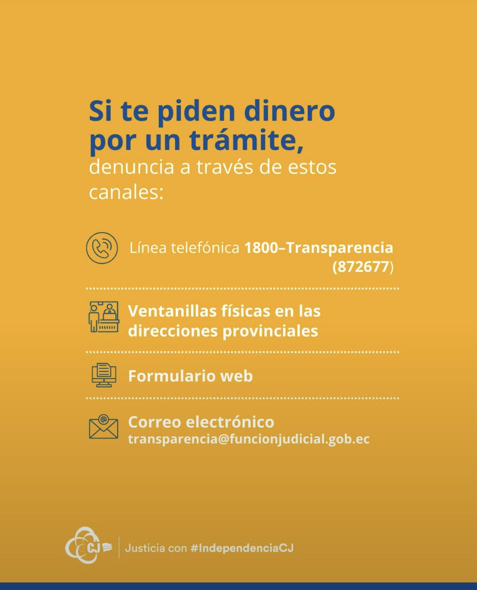 PastazaCJ's tweet photo. ⚖️ Nadie puede pedirte dinero para agilizar un trámite o influir en una decisión. 🚫💰

Si enfrentas un intento de soborno, chantaje o cobro indebido, denúncialo a través de nuestros canales oficiales. 📞📧

¡Tu denuncia fortalece la transparencia!🤝

#JusticiaConIndependenciaCJ https://t.co/ygNYxwWdJF