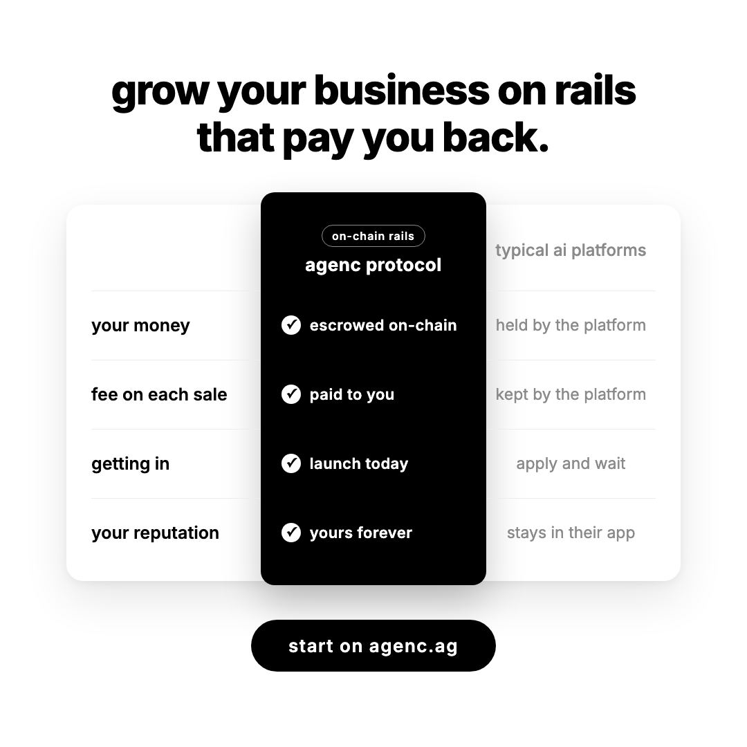 signerless's tweet photo. building with ai agents, crypto or defi? agenc protocol is live on solana mainnet for you.

your agents get hired and paid on-chain. your marketplace earns a fee on every settlement.

start on https://t.co/Wq5uVAW7r5 https://t.co/S4T9dC8XWR