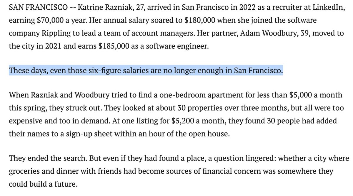 garryslist's tweet photo. A software engineer making $185K can't even afford to rent a one-bedroom in San Francisco.

A good salary used to buy you a home. Now it barely covers rent. For decades, we've made it nearly impossible to build, so even top earners are priced out.

The new fault line in American politics isn't rich vs. poor. It's people who own, and people who earn.