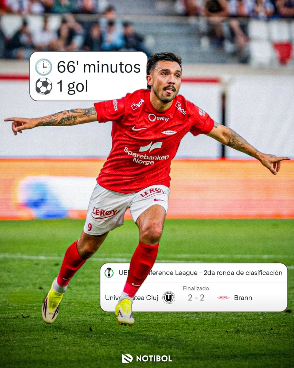 NotibolDeportes's tweet photo. GOL CHILENO ⚽🇨🇱

➥ Niklas Castro fue titular y marcó este golazo para abrír el marcador en lo que terminó siendo empate 2-2 entre el SK Brann 🇳🇴 y Universitatea Cluj 🇷🇴 en la 2da de clasificación de la Conference League.

➥ La vuelta se jugará en Noruega el jueves 30 de julio. https://t.co/wdgjOhi8T7