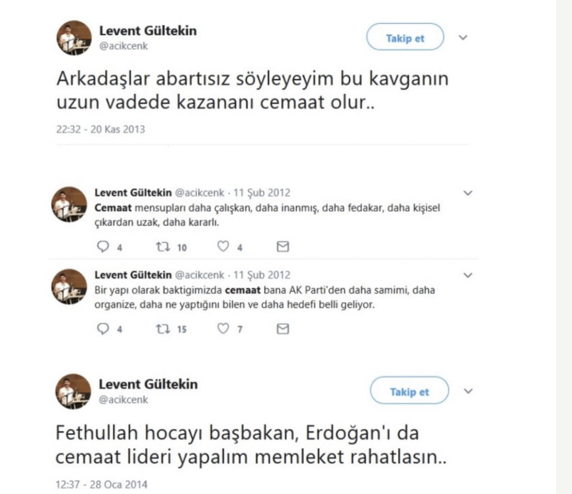 AlkimUnsal's tweet photo. Tanımayanlar için h��zlandırılmış Levent Gültekin kursu

•Çözüm sürecinde Apo’nun tahliye edilip, İlker Başbuğ’un İmralı’ya hapsedilmesi gerektiğini söyleyen

•FETÖ yayın organı TARAF gazetesine “Türkiye’nin vicdanı” diyen

•ZAMAN gazetesine gidelim tarafımız belli olsun diye çağrı yapan

•Albayraklara mail atarak Cine 5’i satın almalısınız diyen

•Aziz Yıldırım’ın tutuklanmasını savunan

Teneffüs zili çalmadan şunu da belirteyim. Fetullah Güleni bu kadar savunan Gültekin, FETÖ’nün birinci hedeflerinden biri olan Tuncay Özkan’ı eleştiriyor.

He paşam he sensin ..!