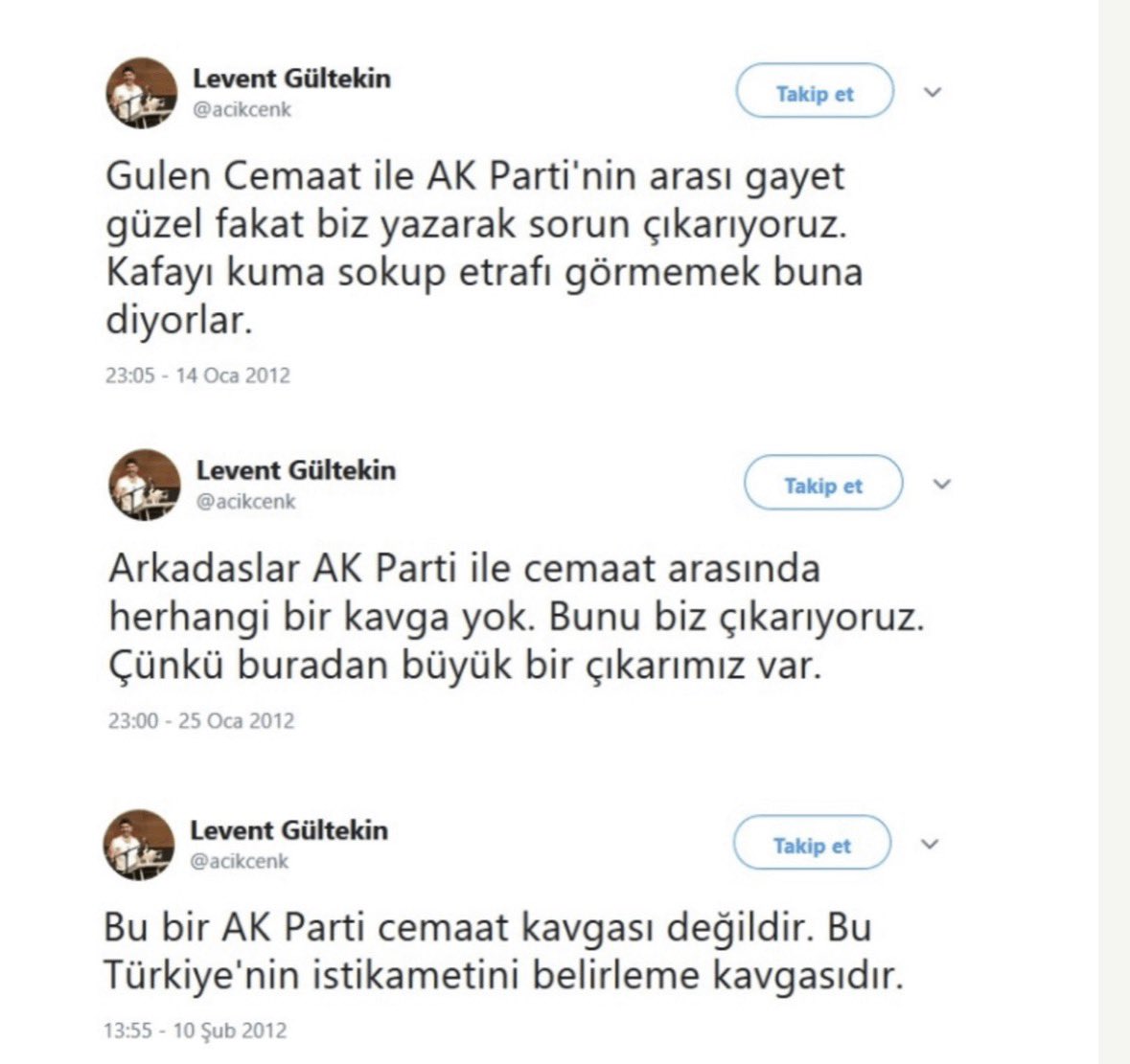 AlkimUnsal's tweet photo. Tanımayanlar için h��zlandırılmış Levent Gültekin kursu

•Çözüm sürecinde Apo’nun tahliye edilip, İlker Başbuğ’un İmralı’ya hapsedilmesi gerektiğini söyleyen

•FETÖ yayın organı TARAF gazetesine “Türkiye’nin vicdanı” diyen

•ZAMAN gazetesine gidelim tarafımız belli olsun diye çağrı yapan

•Albayraklara mail atarak Cine 5’i satın almalısınız diyen

•Aziz Yıldırım’ın tutuklanmasını savunan

Teneffüs zili çalmadan şunu da belirteyim. Fetullah Güleni bu kadar savunan Gültekin, FETÖ’nün birinci hedeflerinden biri olan Tuncay Özkan’ı eleştiriyor.

He paşam he sensin ..!
