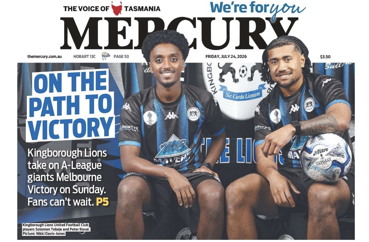 DeanWinterMP's tweet photo. Great to see @themercurycomau giving Sunday’s massive Kingborough Lions vs Melbourne Victory game a front page run today 👏👏 https://t.co/9UsllTAytk