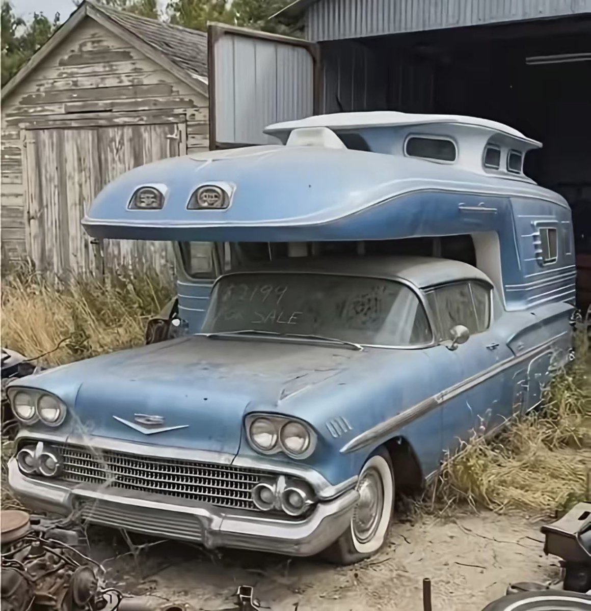 Playteaux1's tweet photo. Ok, this is the coolest motor home. 1958 Chevy Impala. https://t.co/nl5VM01vMe
