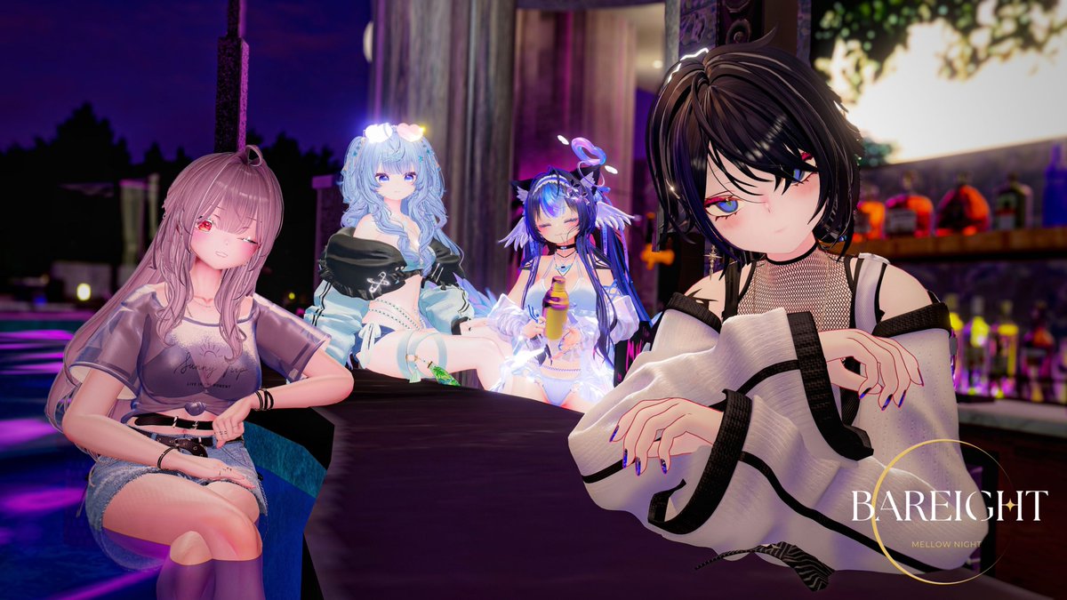 BarEight_VRC's tweet photo. BarEightとは？👀

女性アバターがメインの4人のキャストが男性アバターの姿で接客を行うローテーション式少人数雑談Barイベントです。

暑い日が続いていますね☀️
外出の際は、こまめな水分補給をお忘れなく。
#Bar8VRC https://t.co/vZttwu9c7X