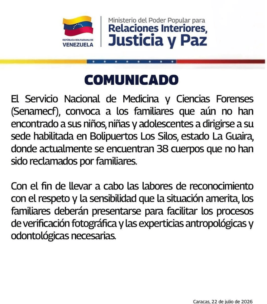 ReporteYa's tweet photo. #23Jul #LaGuaira #Desaparecidos
El Senamecf informó que 38 cuerpos de niños y adolescentes permanecen sin reclamar en los Silos de Bolipuertos de La Guaira y convocó a familiares para realizar procesos de identificación. – Efecto Cocuyo https://t.co/qeDiirQCYg