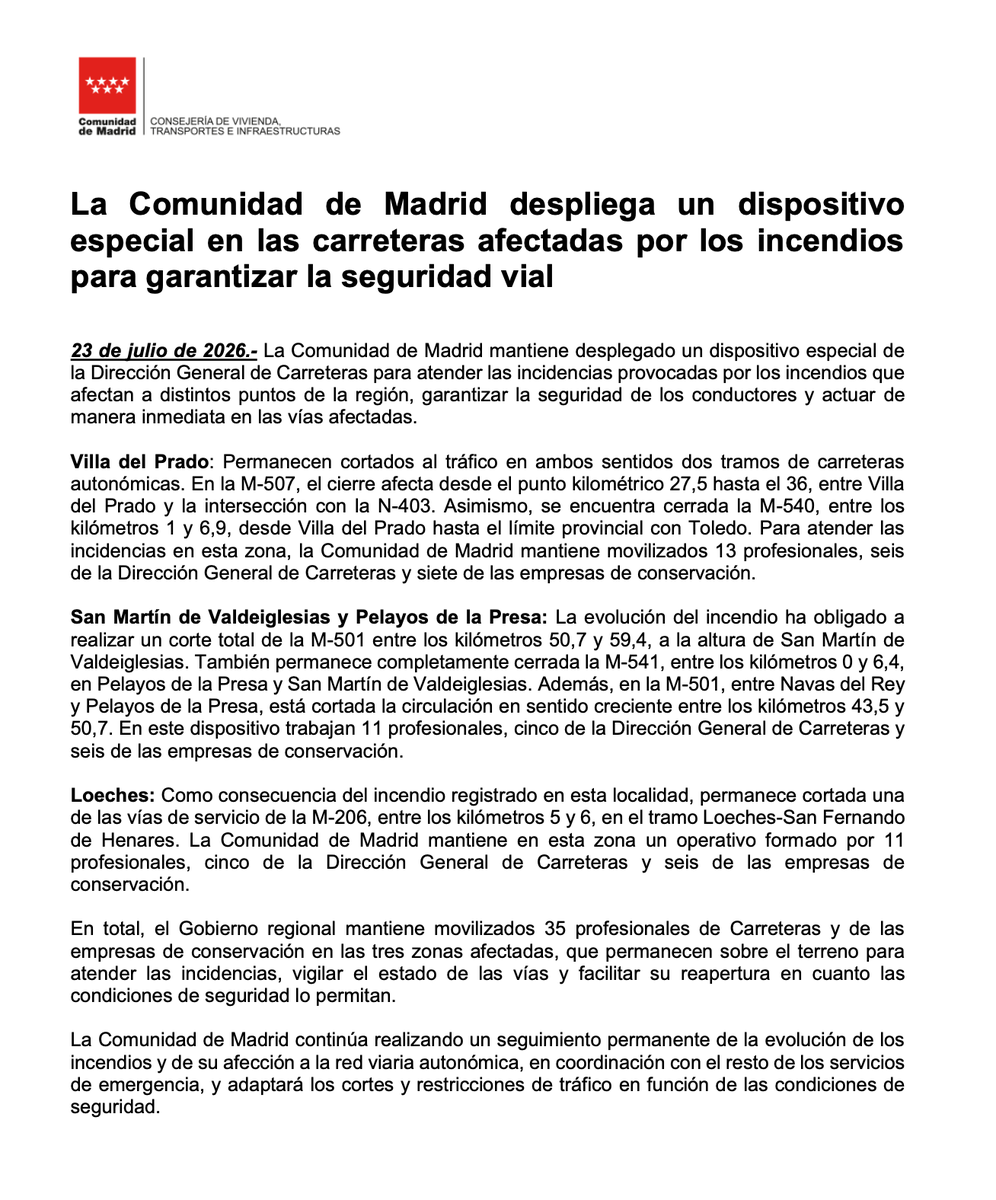 ComunidadMadrid's tweet photo. 🚘 La Comunidad de Madrid despliega un dispositivo especial en las carreteras afectadas por los incendios para garantizar la seguridad vial.
#VillaDelPrado
#SanMartínDeValdeiglesias
#PelayosDeLaPresa
#Loeches
#INFOMA26 https://t.co/pIgYssoCiR