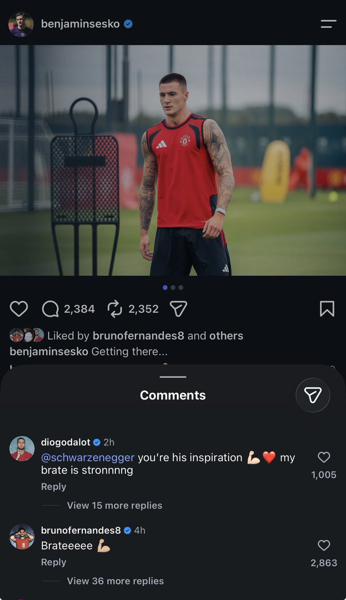 UtdForever7's tweet photo. 🚨📲 Diogo Dalot &amp; Bruno Fernandes replying to Benjamin Sesko:

“Schwarzenegger you're his inspiration ❤️💪🏻my brate is stronnnng”

“Brateeeee 💪’’ https://t.co/d2QehYEuWY