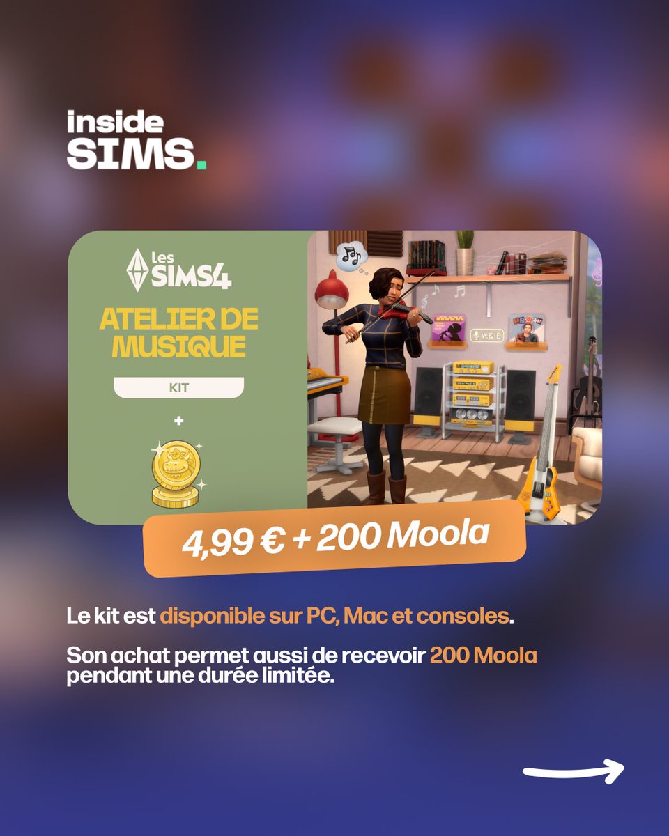 TS1sims's tweet photo. Le kit Atelier de musique est disponible dans #LesSims4 ! 🎸
27 objets pour créer un studio, une salle de répétition ou un espace d’écoute rétrofuturiste.
Prix : 4,99 €, avec 200 Moola offerts pendant une durée limitée.
#Sims4 #TheSims4 #Sims4News #LesSims #TheSims https://t.co/Lyja1k9jUm