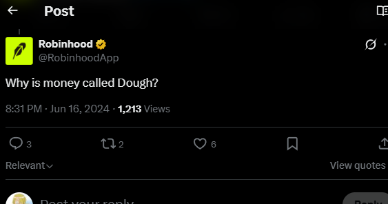 WinnyOnChain's tweet photo. On instagram and Twitter Robinhood Team CAlled the MONEY $DOUGH! they called It like its Currency for Robinhood Trenches!
Like this Is what we should all be calling The money we use! DOUGH! Lol they gave us Best Narrative and We never even ran it once!
Here is the proo for Twitter and insagram 

https://t.co/yQFnZlkaMT
Lets Send DOUGH on PONS!
