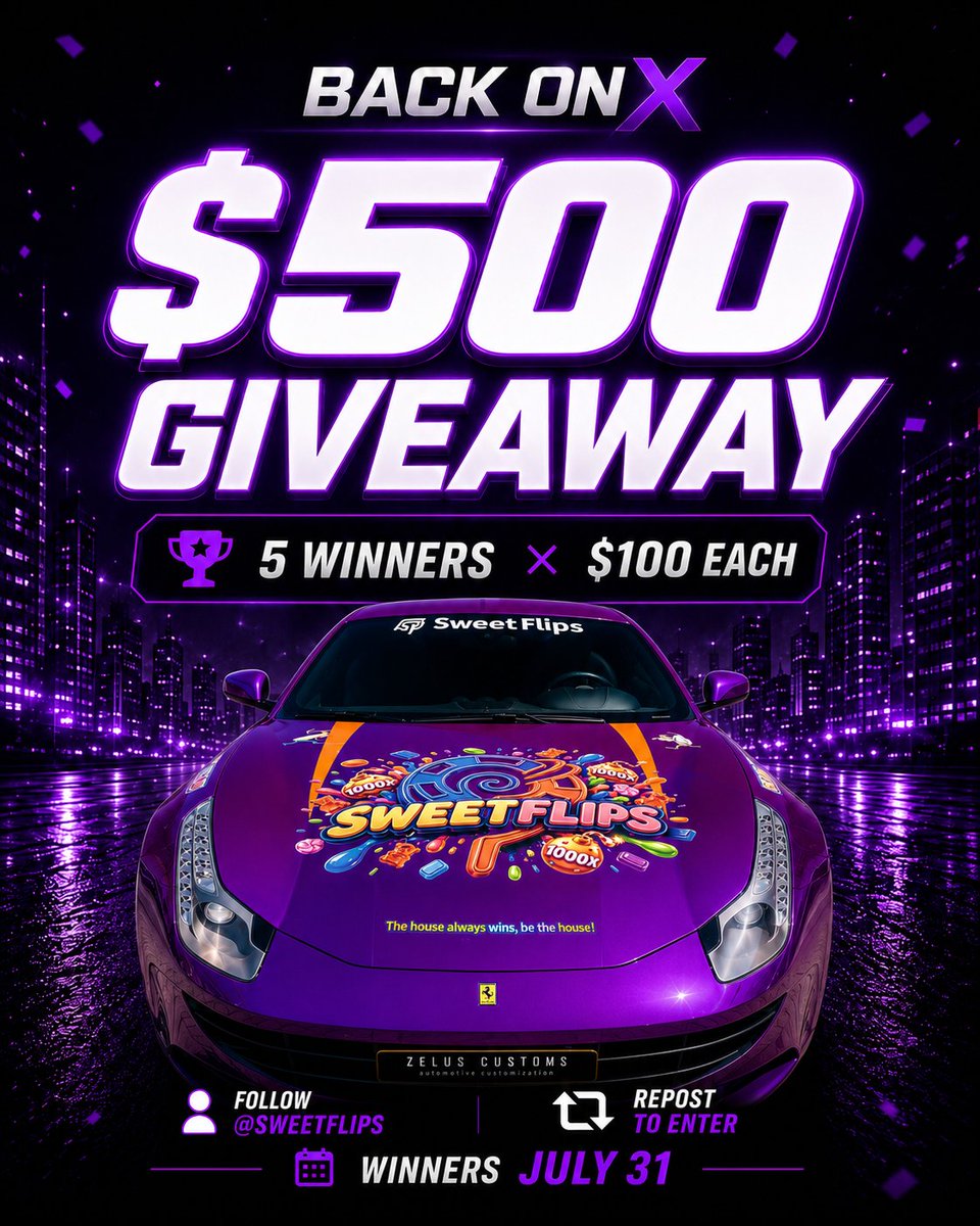 sweetflips's tweet photo. We're back on X!

Celebrating with a $500 Giveaway
5 winners, $100 each

Follow us @sweetflips + repost
then drop your funniest comment - picking 5 winners on July 31st

Proof is posted here https://t.co/D5Zf3ZGXWq
