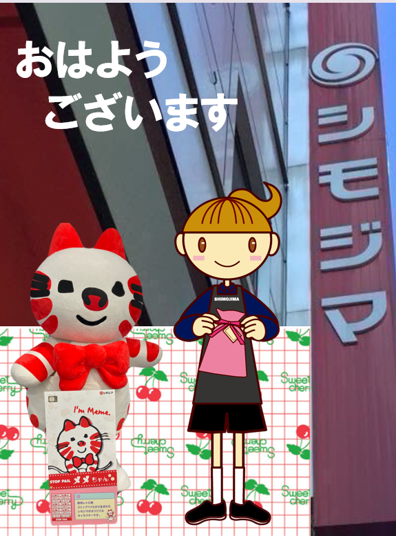 shimojima_jp's tweet photo. ＼おはようございます☁️／
7月24日金曜日　🛍️🌻🎁

紫外線の少ない分涼しく感じる朝

今週もあとひと息
(包装紙チェリー柄をバックに)🍒

今日もよろしくお願いします🙇

販促課シモ子＆メメがご案内します📦
#シモジマ #パッケージプラザ https://t.co/nINisvMB04