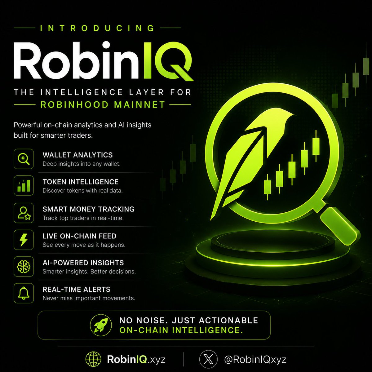 RobinIQxyz's tweet photo. 👋 Welcome to RobinIQ.

The intelligence layer built for Robinhood Mainnet.

We're building the tools every on-chain trader needs:

🔍 • Wallet Analytics
📊 • Token Intelligence
💸 • Smart Money Tracking
⚡ •  Live On-Chain Feed
🤖 • AI-Powered Insights
🚨 • Real-Time Alerts

No noise. Just actionable on-chain intelligence.

This is only the beginning.

🌐 https://t.co/Oix1uDUW7x

Follow us and be part of the next generation of Robinhood Mainnet analytics. 💚

#RobinIQ #RobinhoodMainnet #Crypto #Web3 #OnChain #DeFi #Analytics
