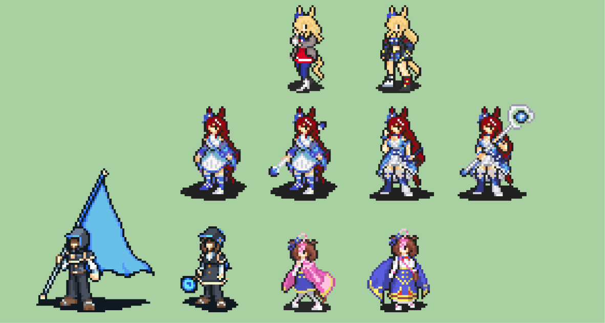 KazeYamayama's tweet photo. Uma Sprites
For base classes, I used Gold City and Super Creek's original concept. City's hair fluffy 💖

Doto gets a new pose for her mage class and some touch-ups.

Lastly, we have M/F Trainer, that'll serve as the Uma's refresh unit and tactician 😁 https://t.co/iUNuMYE6CK