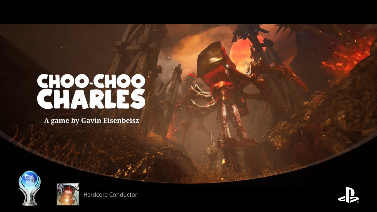 Guttersnipe140's tweet photo. Platinum #463 Choo-Choo Charles
Wasn't expecting much tbh but ending up really liking it, good fun game, Charles is a fu*:ing nightmare ๐
#GutterShare #TrophyHunter https://t.co/OZny0MZlfa