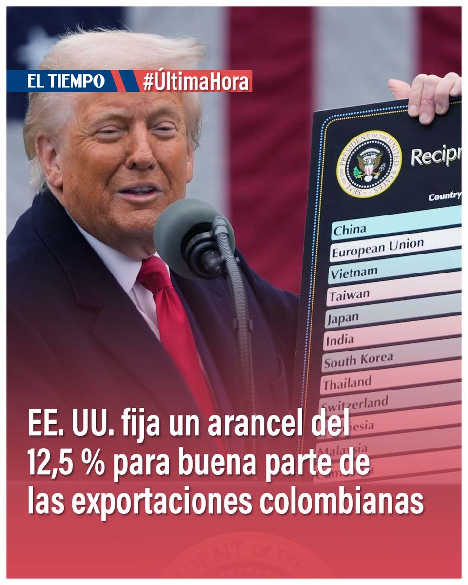 ELTIEMPO's tweet photo. #Atención | 🚨Estados Unidos anuncia un nuevo régimen de aranceles para Colombia y fija el gravamen en 12,5 %: ¿Qué cambia para los exportadores? 🔽 https://t.co/iVCPdBaHsJ https://t.co/PVqdF07W1M