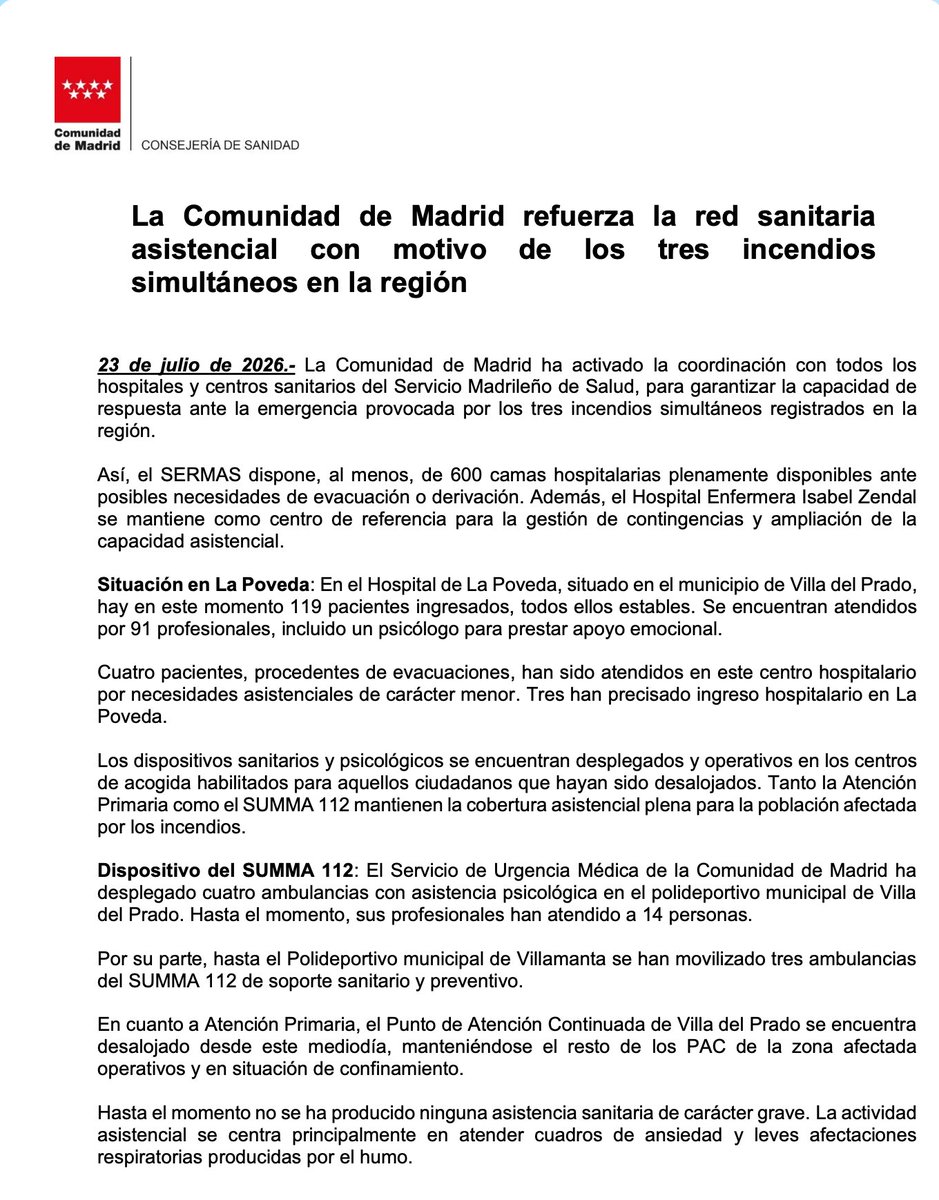 ComunidadMadrid's tweet photo. 🏥 La Comunidad de Madrid refuerza la red sanitaria asistencial con motivo de los tres incendios simultáneos en la región.

#VillaDelPrado 
#Villamanta
#IFAlmorox
#IFSanMartinDeValdeiglesias
#IFVilladelPrado

#INFOMA26 #SUMMA112 https://t.co/8PoVsJmF6L