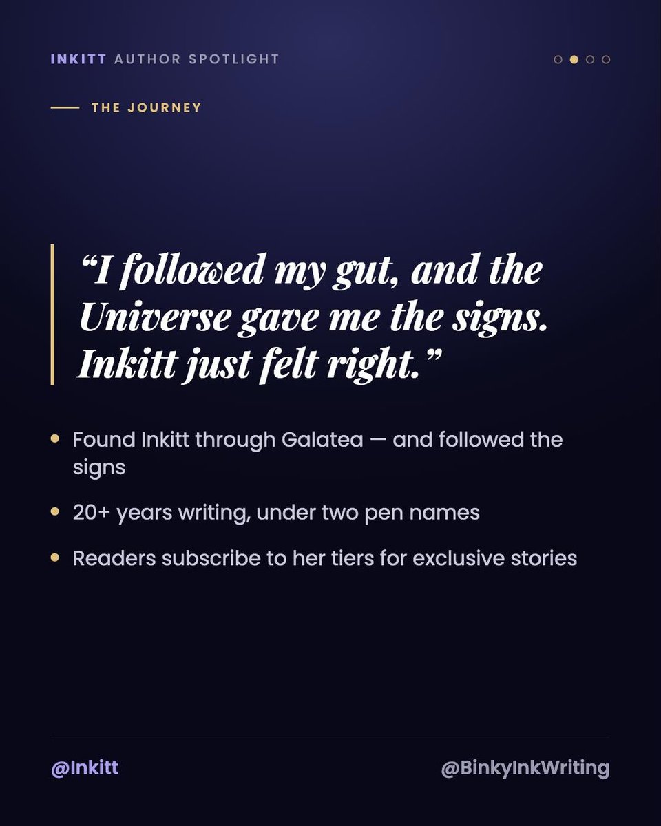Inkitt's tweet photo. ✨ Author Spotlight: Eidahs (@BinkyInkWriting)

By day she's a freelance proofreader and editor in Quebec, with fifteen years in indie film behind her. But storytelling was always the strong suit. She's been writing for 20+ years, since childhood, self-publishing under two pen names. As Eidahs, she pours herself into gay romance and murder mysteries: mafia, cops, jocks, all the banter and the angst. She writes characters so affectionate you fall for them right alongside her.

Then she found Inkitt, through a Galatea ad in a random game app of all things, and followed her gut. A believer in signs and serendipity, she says it simply felt right, and she's never looked back. 

Her filmmaking past never left her, though. She writes scenes so physically, taking the stances and choreographing every move, that she coined a name for it: Method Writer. It's in her bio now. And her stories run personal in quieter ways too. Her MxM romance Into My Recluse Heart follows Dante, a photo editor turned hermit after an abusive relationship, whose walls begin to crumble the day his sunny neighbour Axel leaves home-made muffins, and a note, at his door. Dante's a freelance editor, just like Eidahs herself.

Best of all, she lifts other writers as she climbs. Her advice to anyone scared to publish? "Writing is vulnerable. We put parts of ourselves into our characters. Start small, find a good editor, and go for it. Every time, you come out better."

📖 Read Into My Recluse Heart → https://t.co/Bgs9byDbeJ