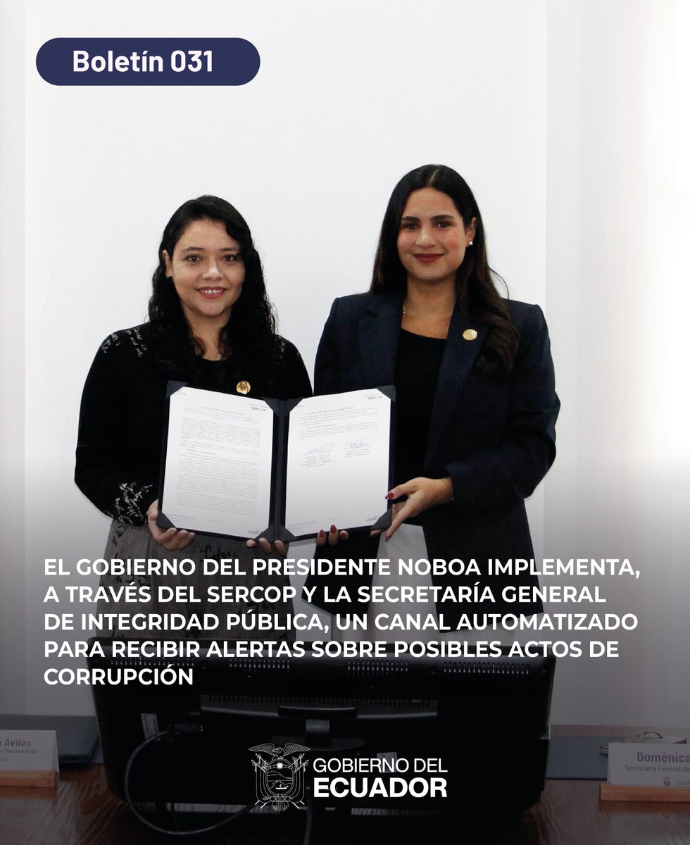 Integridad_EC's tweet photo. 📄 Boletín | El Gobierno del presidente @DanielNoboaOk  implementa, a través del @SERCOPec  y la Secretaría General de Integridad Pública, un canal automatizado para recibir alertas sobre posibles actos de corrupción.

➡️ https://t.co/Jm3FbnmOKg https://t.co/1wcvZ7YnWg