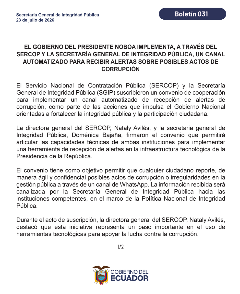 Integridad_EC's tweet photo. 📄 Boletín | El Gobierno del presidente @DanielNoboaOk  implementa, a través del @SERCOPec  y la Secretaría General de Integridad Pública, un canal automatizado para recibir alertas sobre posibles actos de corrupción.

➡️ https://t.co/Jm3FbnmOKg https://t.co/1wcvZ7YnWg