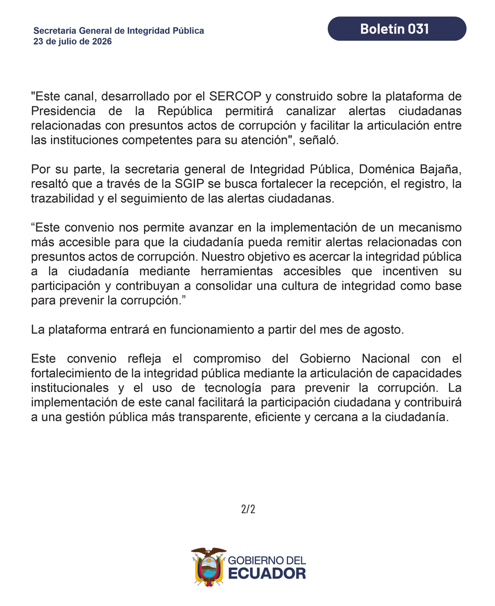 Integridad_EC's tweet photo. 📄 Boletín | El Gobierno del presidente @DanielNoboaOk  implementa, a través del @SERCOPec  y la Secretaría General de Integridad Pública, un canal automatizado para recibir alertas sobre posibles actos de corrupción.

➡️ https://t.co/Jm3FbnmOKg https://t.co/1wcvZ7YnWg