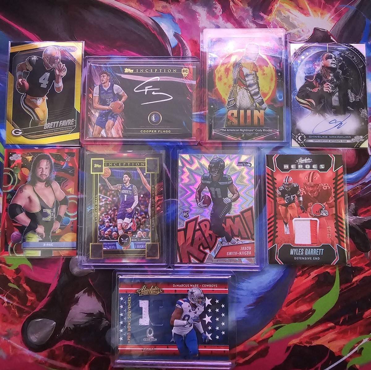 Verdict4489's tweet photo. @CardPurchaser Tonight's hits were pretty fire. Big assortment of mail today &amp; hit big on some hobby boxes! Also grabbed a couple boxes of stuff after work at the LCS. 🔥

X-Pac /5 &amp; Favre /10 https://t.co/N0D1xcPAbI