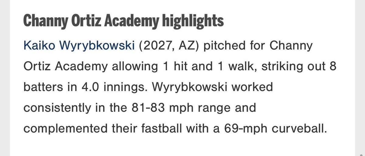 Kaik0W5's tweet photo. I had a great outing today! I sadly do not have video at the moment but I will get some later on today. But my stat line was the fastball ran to 81-83 T83 and SL/CB was 69. I had 8Ks today through 4.0IP! 

Fastball: 81-83 T83
SL/CB: 69
Stat line: 4.0IP/8Ks/0ER/1H/1BB https://t.co/JYWlR5lEcV