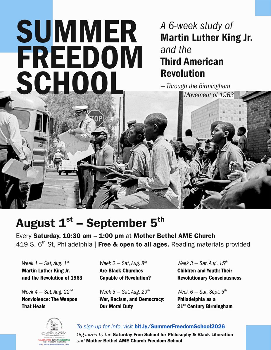 freeschoolmedia's tweet photo. You're invited to take part in a 6-week study of Martin Luther King Jr., the Birmingham Campaign, and the Revolution of 1963 to discuss the possibilities of building a people's movement for freedom in Philadelphia.

In-person and livestream.

Sign up here: https://t.co/FpE9kGHO53 https://t.co/t51zXDab2K