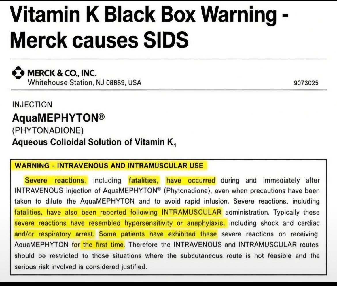 gnosaas's tweet photo. @AndrewZywiecMD @unmasking_media Yep. The Vitamin K they inject into our babies as soon as they’re born come with a Black Box Warning…if only people bothered to read it. https://t.co/IXNoHJ3G9J