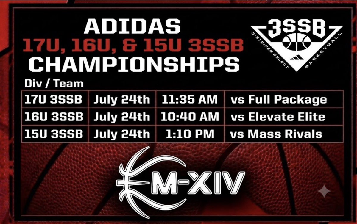 M14Hoops_Girls's tweet photo. 🔥🔥 3SSB Schedule 🔥🔥
📸 Adidas 3SSB Championships
✈️ Rock Hill, SC 
🗓 July 24th - 27th
#Repthe14
@3SSBGCircuit 
@JrAllStarBB 
@MMBR_CoachGBell 
@PGHIllinois https://t.co/loQXNM46O5