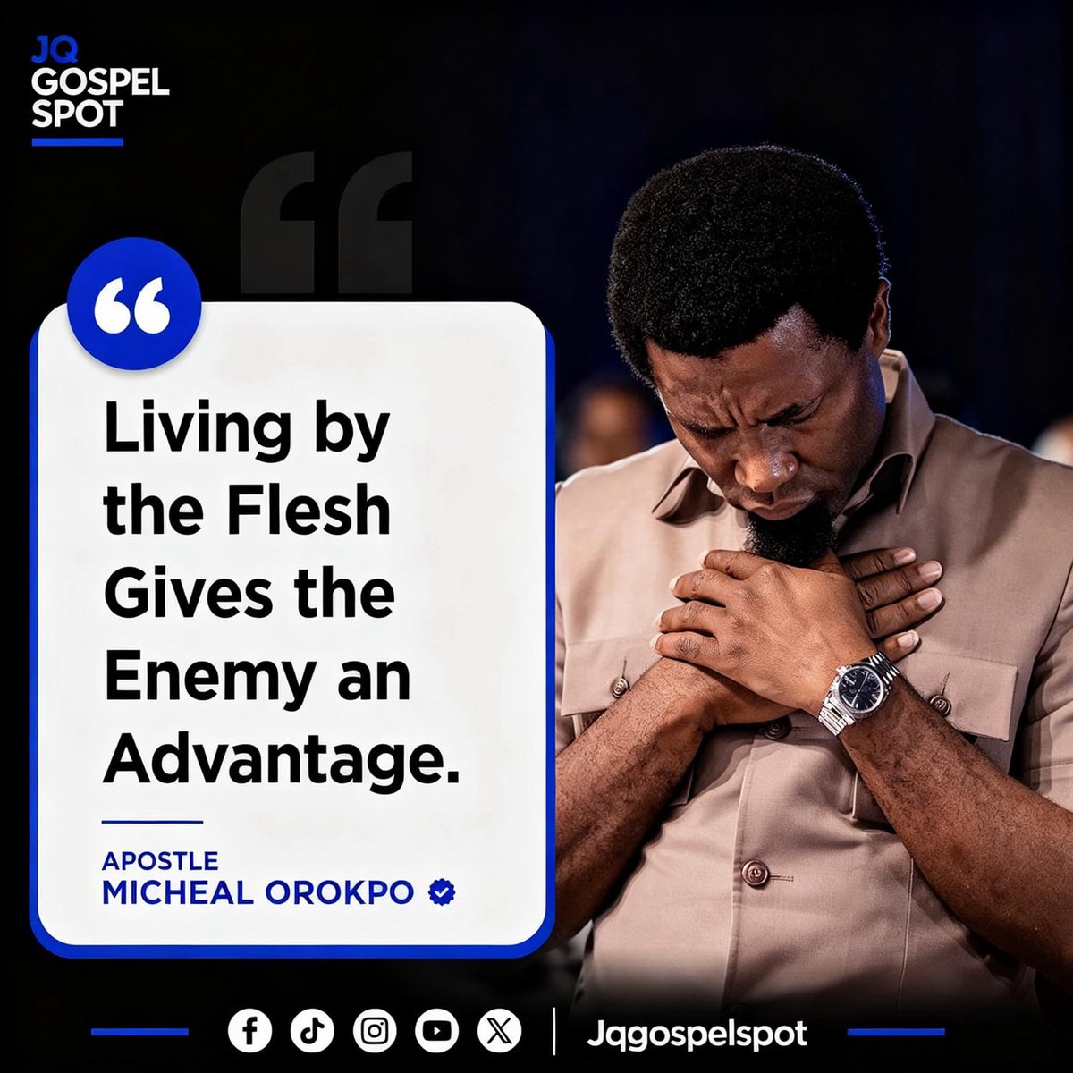 Jqgospelspot's tweet photo. Every decision we make moves us in one of two directions toward the Spirit or toward the flesh. While the flesh often promises immediate satisfaction, it gradually weakens our spiritual sensitivity and makes us more susceptible to influences that pull us away from God’s purpose. Victory over the enemy begins long before the moment of temptation; it begins with the life we choose to cultivate each day.

Apostle Michael Orokpo explains that humanity was originally created to contain, carry, and express the life of God. He points out that mankind was designed to be the visible expression of God’s presence on the earth, reflecting His nature wherever they went. However, the fall disrupted that divine purpose. According to him, when man yielded to the serpent, he moved from carrying God’s glory to living under the influence of the flesh, creating a condition that made him vulnerable to the enemy’s operations.

Building on the significance of the fall, Apostle Michael Orokpo observes that believers who continually yield to the flesh position themselves in a place of spiritual weakness. Using the imagery of the serpent feeding on dust, he illustrates that the flesh provides the environment through which the enemy seeks to manipulate a person’s life. He further emphasizes that God’s desire is for believers to move beyond the limitations of the flesh and become governed by the Holy Spirit. As they grow in intimacy with God and submit to His leading, they increasingly reflect the life they were originally created to carry.

INSIGHT
The Christian life is not merely about avoiding sinful behavior; it is about learning to live under the influence of the Holy Spirit. Every day presents countless opportunities to choose between the desires of the flesh and the leading of God’s Spirit. Those repeated choices gradually shape our character, strengthen our convictions, and determine the direction of our spiritual growth.

The flesh gains influence wherever spiritual disciplines are neglected. Prayer, Scripture, worship, and obedience do more than strengthen our relationship with God they train our hearts to recognize His voice above competing desires. As believers consistently cultivate these habits, the grip of the flesh weakens, and sensitivity to the Holy Spirit grows stronger.

This is why spiritual maturity cannot be reduced to knowledge alone. Transformation happens when believers continually surrender every area of life to God’s leadership. The more room we give the Holy Spirit to shape our thoughts, desires, and decisions, the less opportunity the flesh has to dominate our lives. Walking by the Spirit is not about perfection; it is about daily dependence on the One who empowers us to become more like Christ.

APPLICATION
Examine the habits and influences that shape your daily life. Prayerfully identify areas where the flesh has been given too much room, then intentionally strengthen your walk with God through consistent prayer, Scripture, and obedience to the Holy Spirit.

KEY TAKEAWAY
Victory over the flesh begins with daily surrender to the Holy Spirit.

ADDITIONAL RESOURCE
If you’d like to study this teaching in greater depth, watch A Call to Intimacy by Apostle Michael Orokpo.
