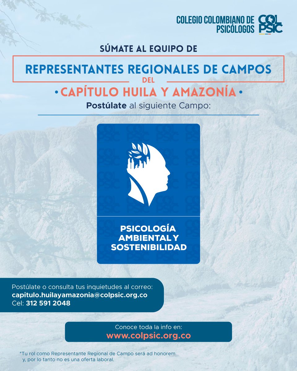 Colpsic_HuiAmaz's tweet photo. 🍃🧠 ¡Haz que tu voz represente al Capítulo Huila y Amazonía!🍃🧠. 📢 ¡𝗣𝗼𝘀𝘁𝘂́𝗹𝗮𝘁𝗲 𝗰𝗼𝗺𝗼 𝗥𝗲𝗽𝗿𝗲𝘀𝗲𝗻𝘁𝗮𝗻𝘁𝗲 𝗥𝗲𝗴𝗶𝗼𝗻𝗮𝗹 𝗱𝗲𝗹 𝗖𝗮𝗺𝗽𝗼 𝗱𝗲 𝗣𝘀𝗶𝗰𝗼𝗹𝗼𝗴𝗶́𝗮 𝗔𝗺𝗯𝗶𝗲𝗻𝘁𝗮𝗹 𝘆 𝗦𝗼𝘀𝘁𝗲𝗻𝗶𝗯𝗶𝗹𝗶𝗱𝗮𝗱!
https://t.co/FN0x4lqRcY https://t.co/n8gNZqLPyu
