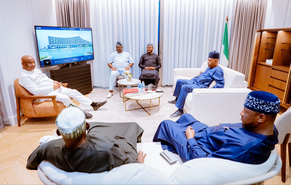 officialSKSM's tweet photo. The Vice President, Senator @KashimSM, has arrived in Cotonou, Republic of Benin, on a high-level working visit.

On arrival, the Vice President was received by the country’s Minister of Foreign Affairs, Amb. Corinne Amori Brunet, and the Minister of Tourism and External Trade, Mr. @shegunbakari.

The visit, largely aimed at strengthening the implementation of Nigeria’s Special Agro-Industrial Processing Zones Programme, seeks to draw inspiration from neighbouring countries and beyond.

The Vice President is being accompanied by the governors of Kwara, Imo, Jigawa, Plateau, Katsina, and Zamfara States. Also on the trip are the Minister of Agriculture and Food Security, @SenatorAKyari, and other senior officials of the Federal Government.

Upon arrival, VP @KashimSM went into a briefing session with the governors and members of his team.